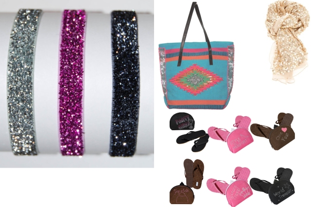 Glitter hair ties, pretty bag to carry everything (available on www.rangeboutique.com), sequin scarf (etsy.com) and foldable flip flops (flexflop.com)